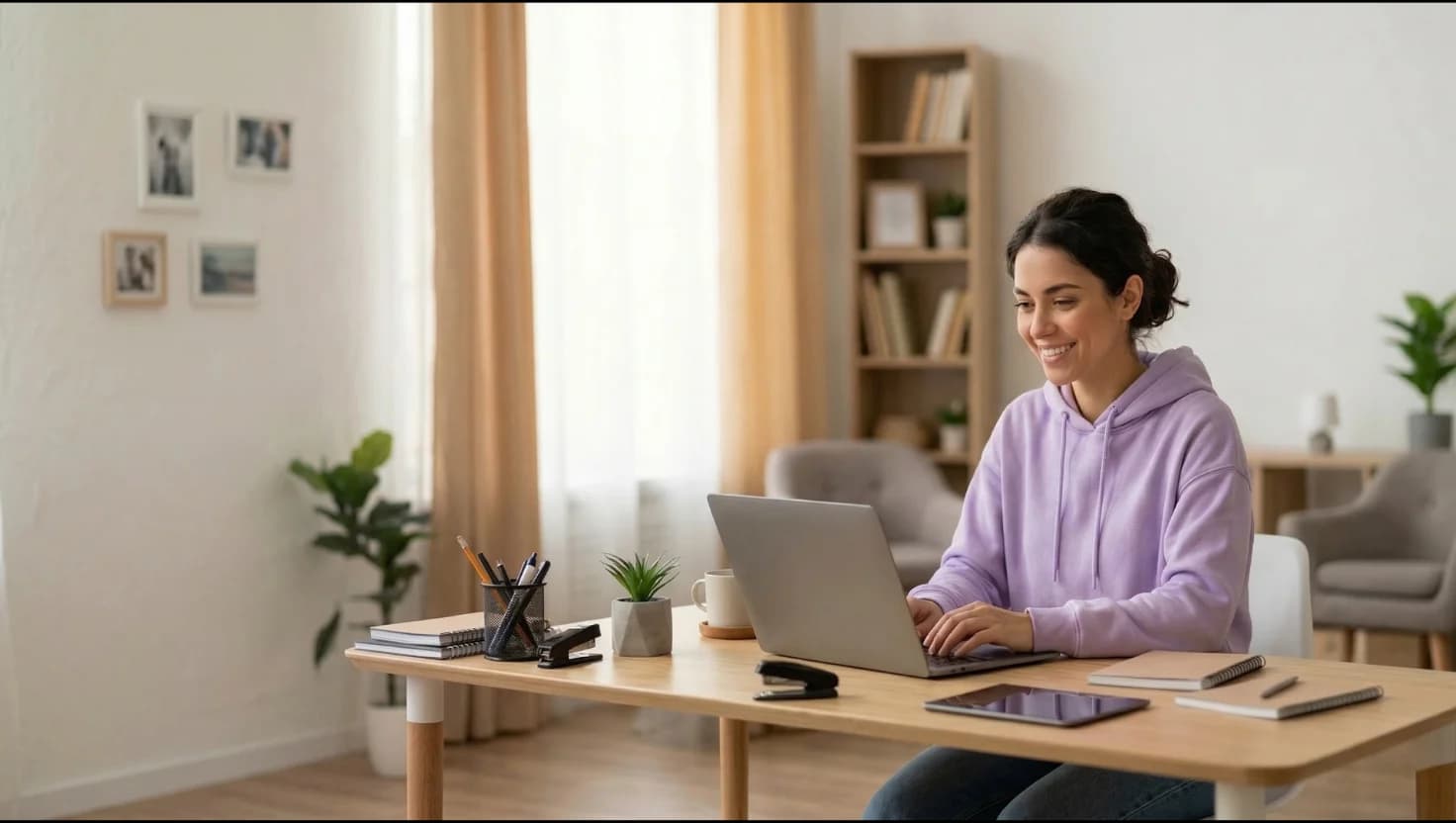 Smiling teacher holding a laptop